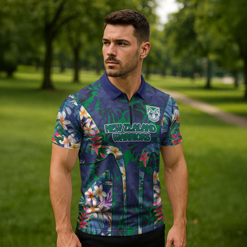 New Zealand Warriors Zipper Polo Shirt Tropical Polynesian Floral Pattern With Green And Blue Accents