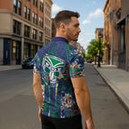New Zealand Warriors Zipper Polo Shirt Tropical Polynesian Floral Pattern With Green And Blue Accents