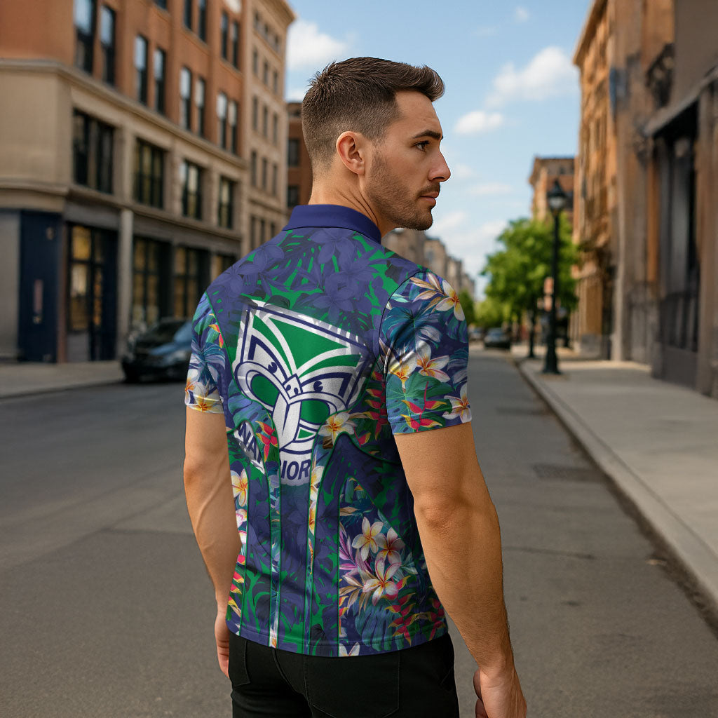 New Zealand Warriors Zipper Polo Shirt Tropical Polynesian Floral Pattern With Green And Blue Accents