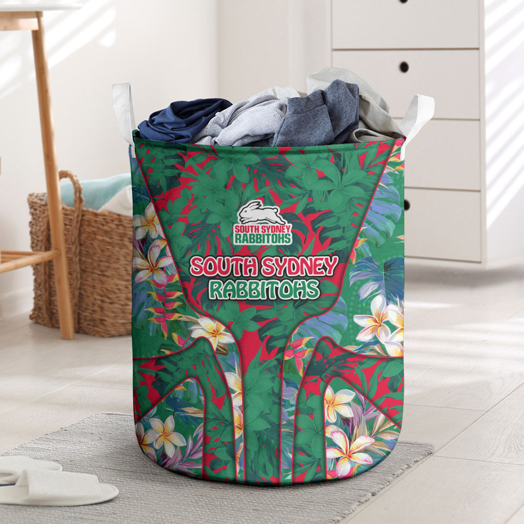 South Sydney Rabbitohs Laundry Basket Tropical Hibiscus Floral Pattern With Green And Red Accents