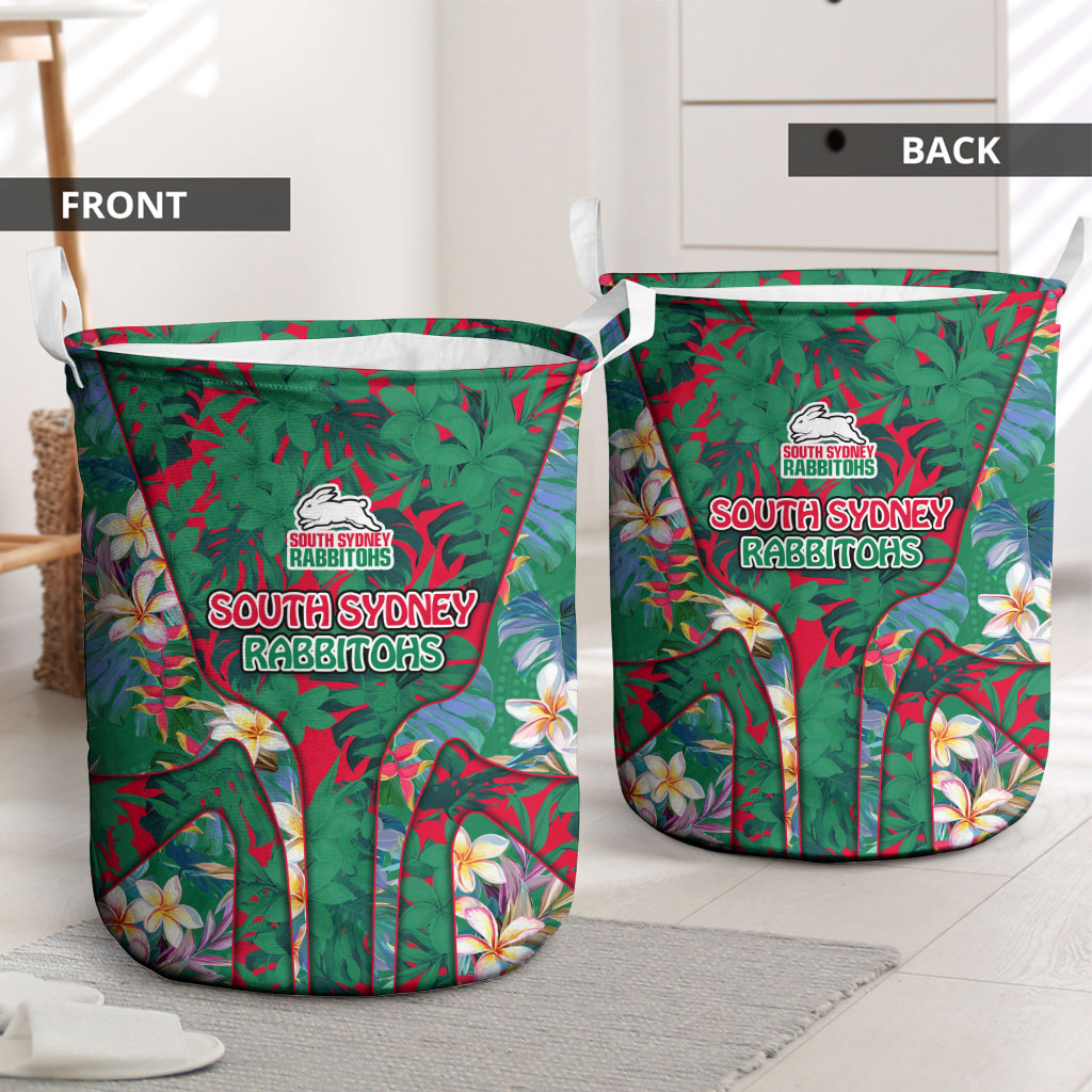 South Sydney Rabbitohs Laundry Basket Tropical Hibiscus Floral Pattern With Green And Red Accents