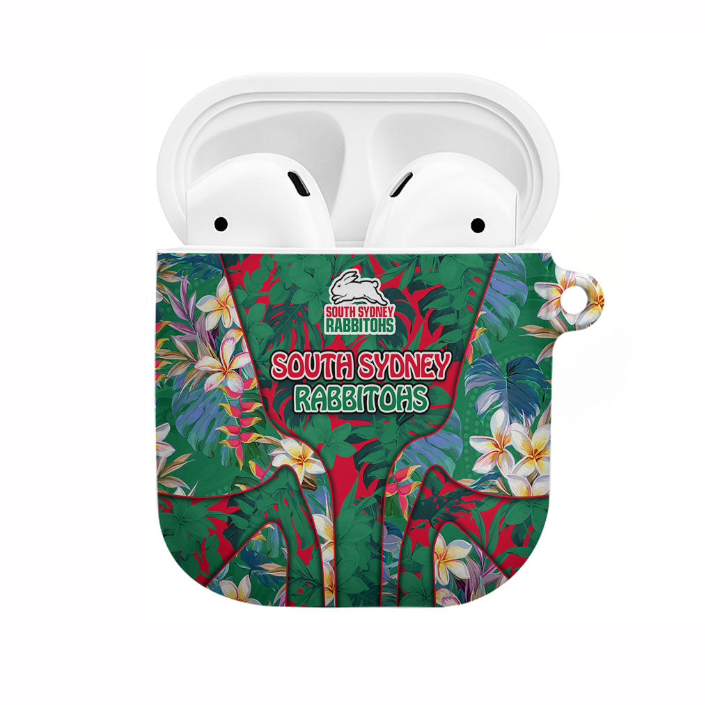 South Sydney Rabbitohs AirPods Case Tropical Hibiscus Floral Pattern With Green And Red Accents