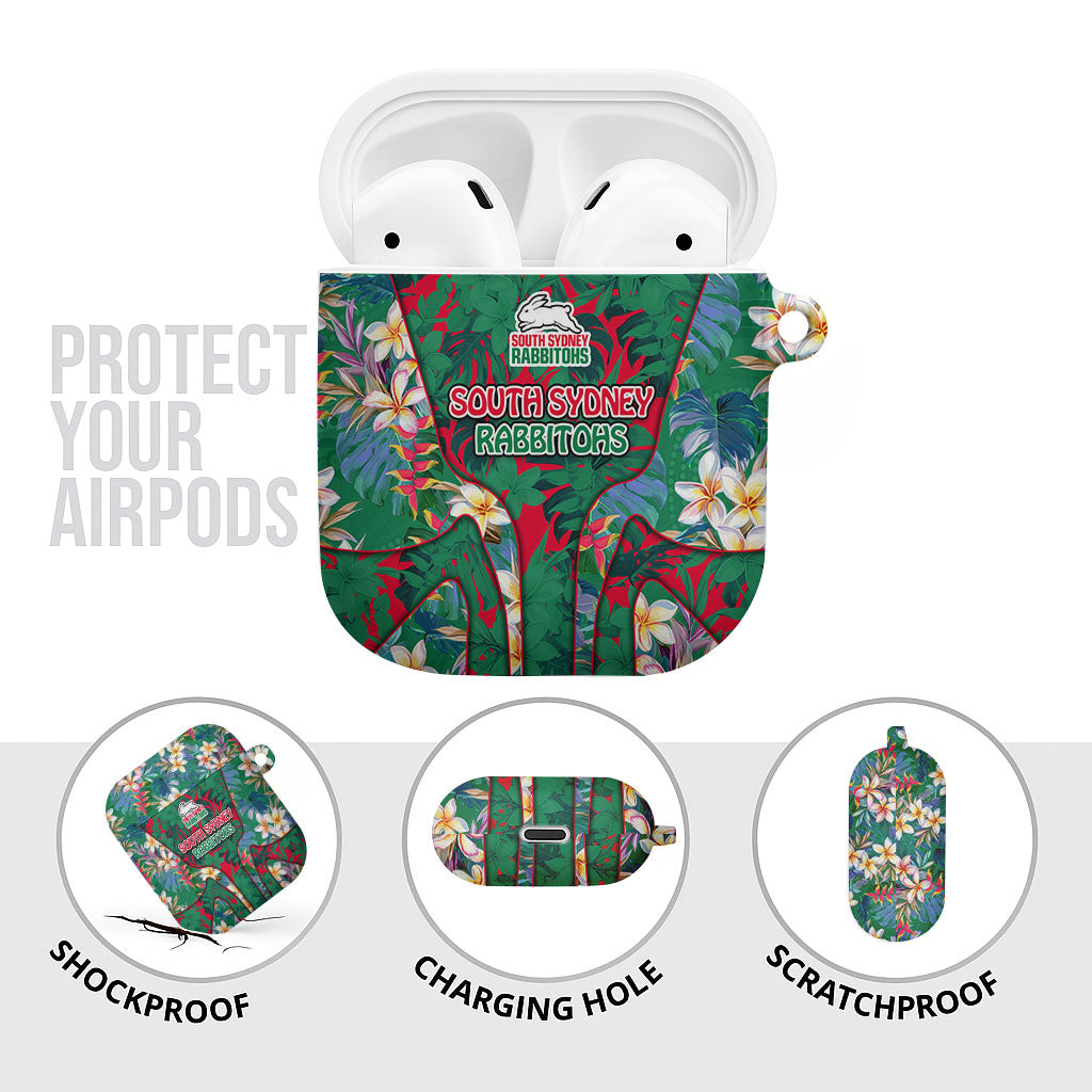 South Sydney Rabbitohs AirPods Case Tropical Hibiscus Floral Pattern With Green And Red Accents