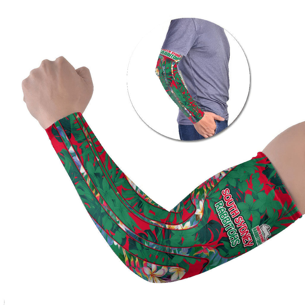 South Sydney Rabbitohs Arm Sleeves Tropical Hibiscus Floral Pattern With Green And Red Accents