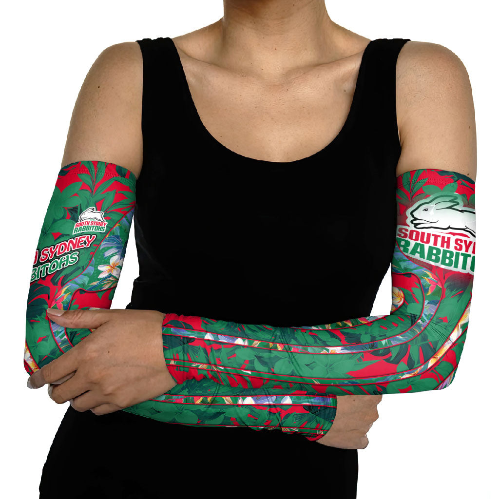 South Sydney Rabbitohs Arm Sleeves Tropical Hibiscus Floral Pattern With Green And Red Accents