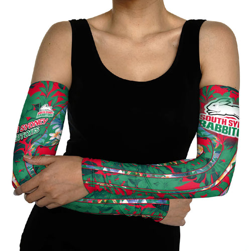 South Sydney Rabbitohs Arm Sleeves Tropical Hibiscus Floral Pattern With Green And Red Accents