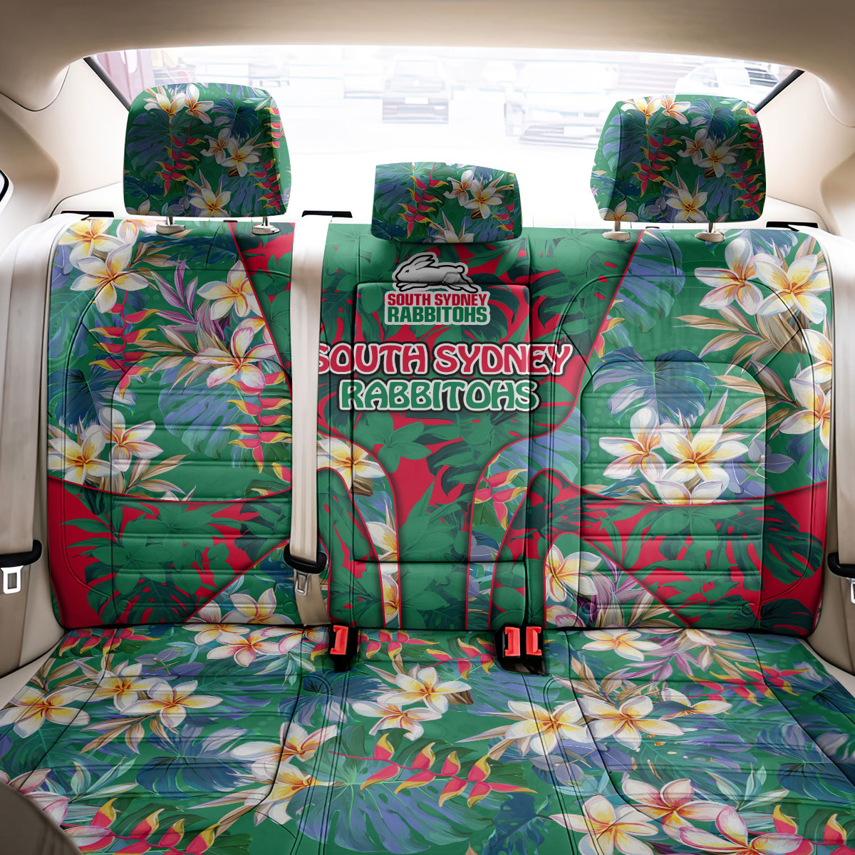 South Sydney Rabbitohs Back Car Seat Cover Tropical Hibiscus Floral Pattern With Green And Red Accents