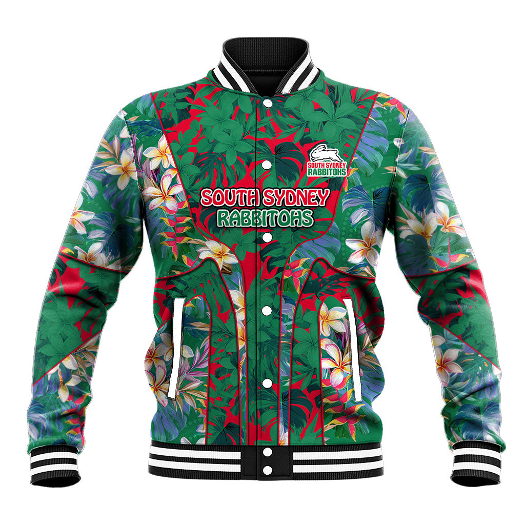 South Sydney Rabbitohs Baseball Jacket Tropical Hibiscus Floral Pattern With Green And Red Accents