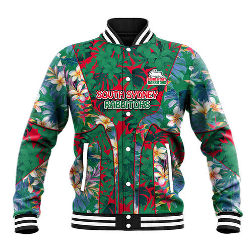 South Sydney Rabbitohs Baseball Jacket Tropical Hibiscus Floral Pattern With Green And Red Accents
