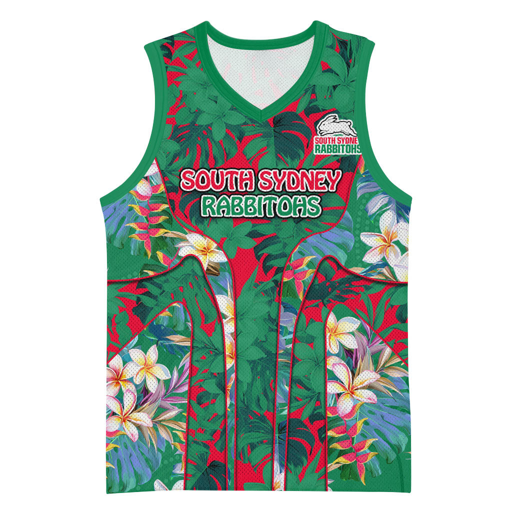 South Sydney Rabbitohs Basketball Jersey Tropical Hibiscus Floral Pattern With Green And Red Accents