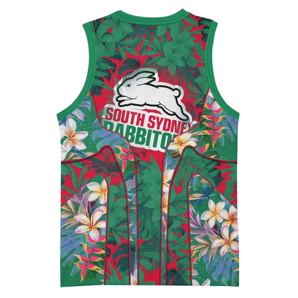 South Sydney Rabbitohs Basketball Jersey Tropical Hibiscus Floral Pattern With Green And Red Accents