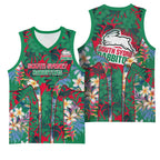 South Sydney Rabbitohs Basketball Jersey Tropical Hibiscus Floral Pattern With Green And Red Accents