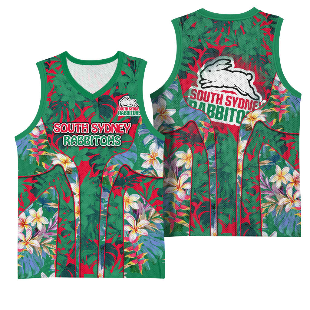 South Sydney Rabbitohs Basketball Jersey Tropical Hibiscus Floral Pattern With Green And Red Accents