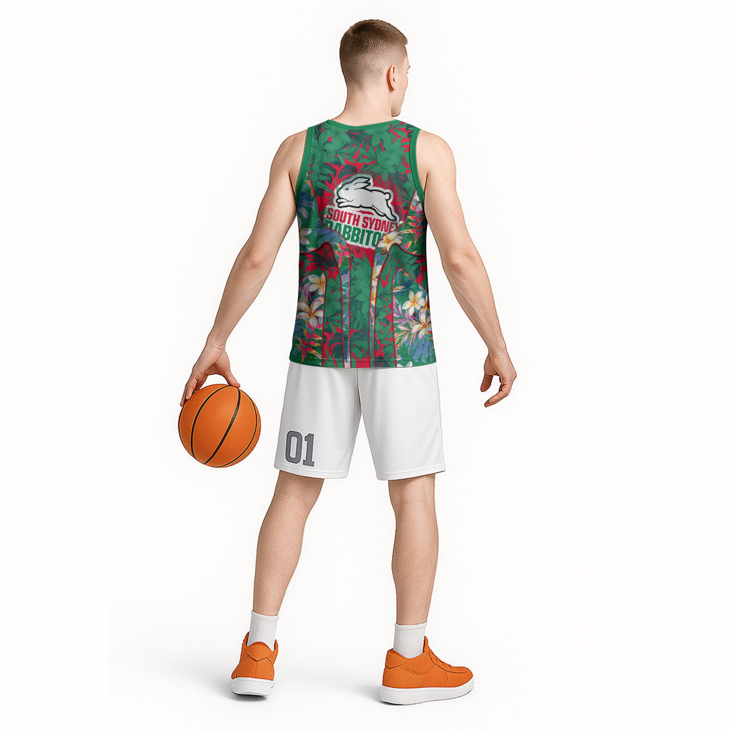 South Sydney Rabbitohs Basketball Jersey Tropical Hibiscus Floral Pattern With Green And Red Accents