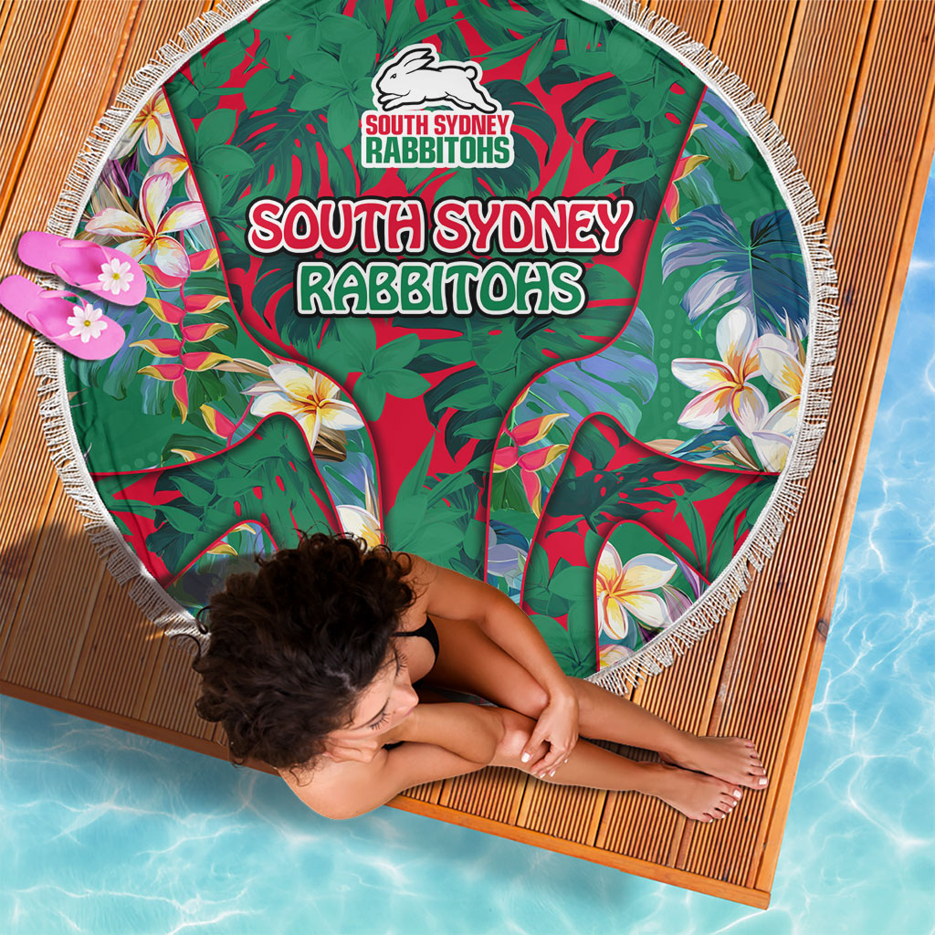 South Sydney Rabbitohs Beach Blanket Tropical Hibiscus Floral Pattern With Green And Red Accents