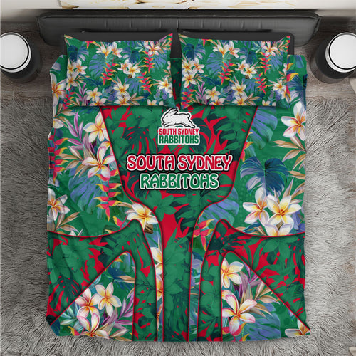 South Sydney Rabbitohs Bedding Set Tropical Hibiscus Floral Pattern With Green And Red Accents