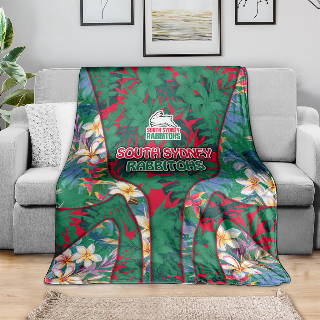 South Sydney Rabbitohs Blanket Tropical Hibiscus Floral Pattern With Green And Red Accents
