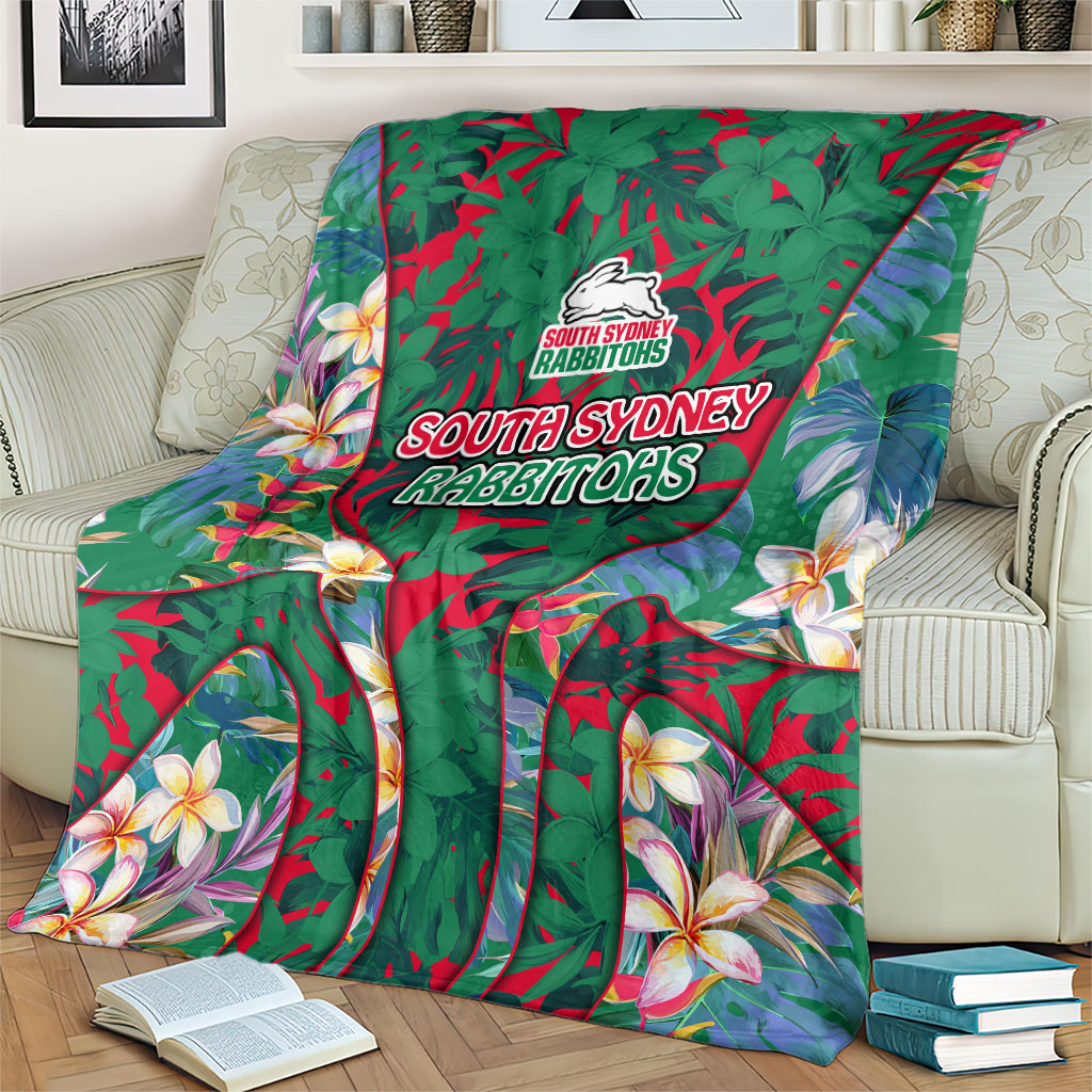 South Sydney Rabbitohs Blanket Tropical Hibiscus Floral Pattern With Green And Red Accents