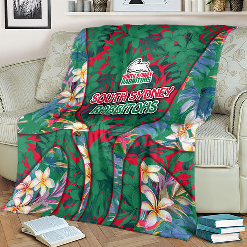 South Sydney Rabbitohs Blanket Tropical Hibiscus Floral Pattern With Green And Red Accents