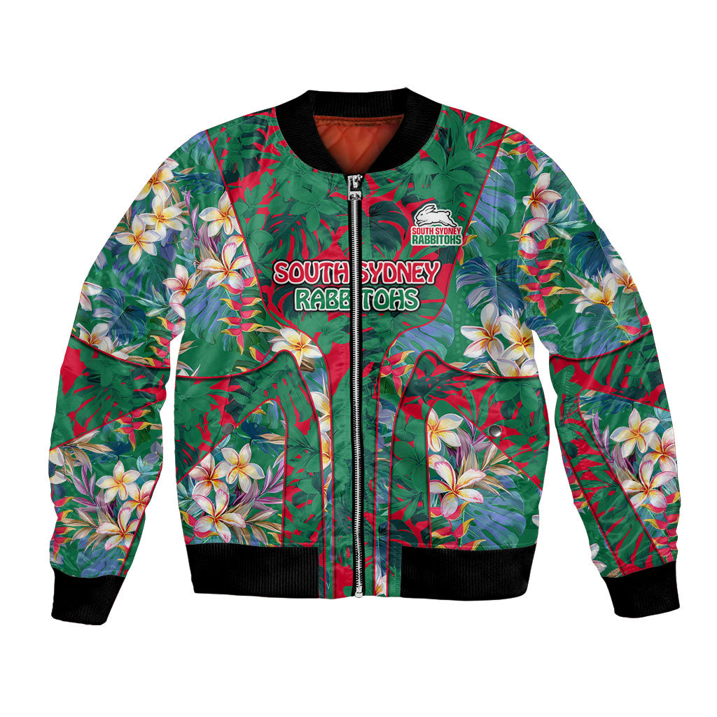 South Sydney Rabbitohs Bomber Jacket Tropical Hibiscus Floral Pattern With Green And Red Accents