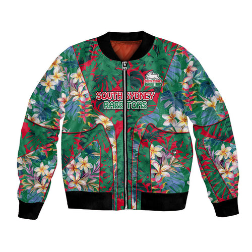 South Sydney Rabbitohs Bomber Jacket Tropical Hibiscus Floral Pattern With Green And Red Accents