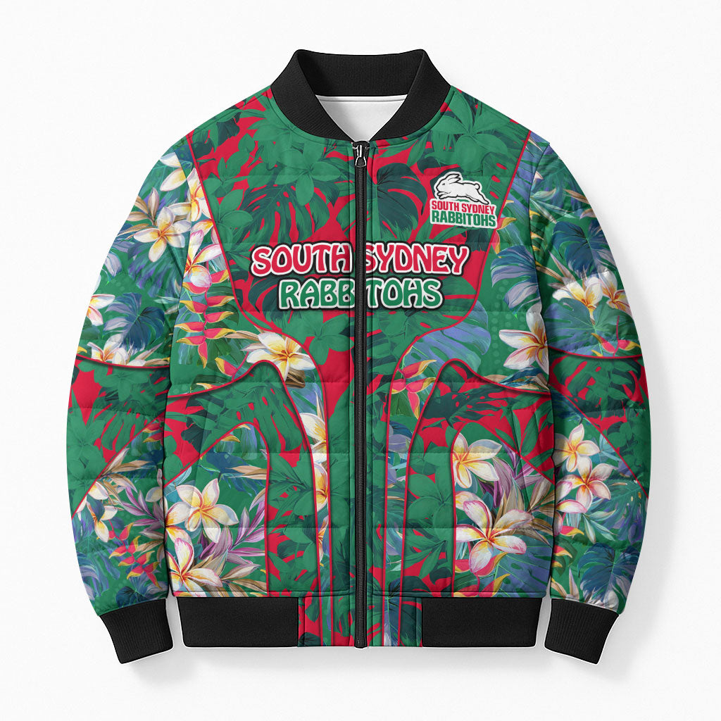 South Sydney Rabbitohs Bomber Puffer Jacket Tropical Hibiscus Floral Pattern With Green And Red Accents