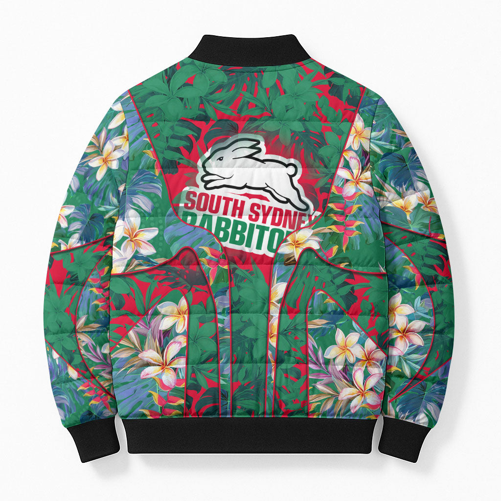 South Sydney Rabbitohs Bomber Puffer Jacket Tropical Hibiscus Floral Pattern With Green And Red Accents