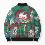 South Sydney Rabbitohs Bomber Puffer Jacket Tropical Hibiscus Floral Pattern With Green And Red Accents