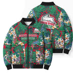 South Sydney Rabbitohs Bomber Puffer Jacket Tropical Hibiscus Floral Pattern With Green And Red Accents