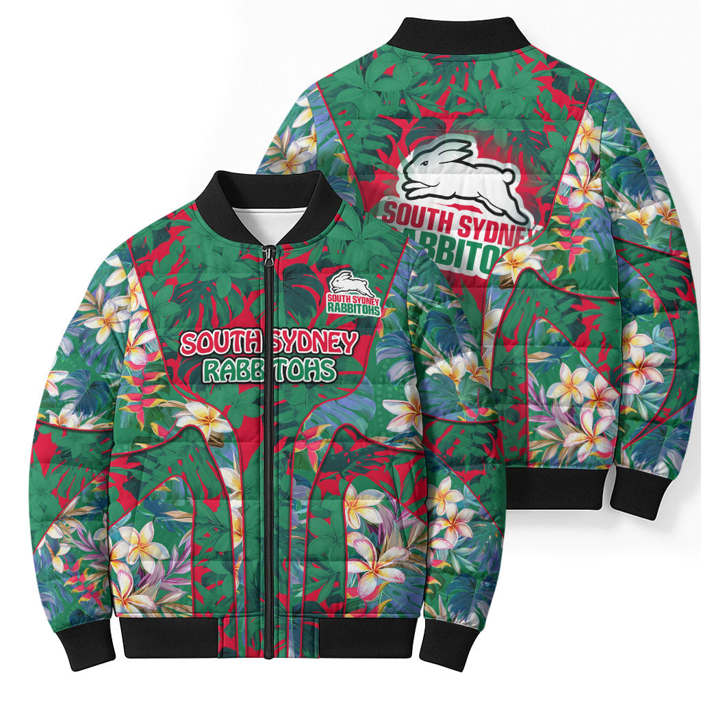 South Sydney Rabbitohs Bomber Puffer Jacket Tropical Hibiscus Floral Pattern With Green And Red Accents