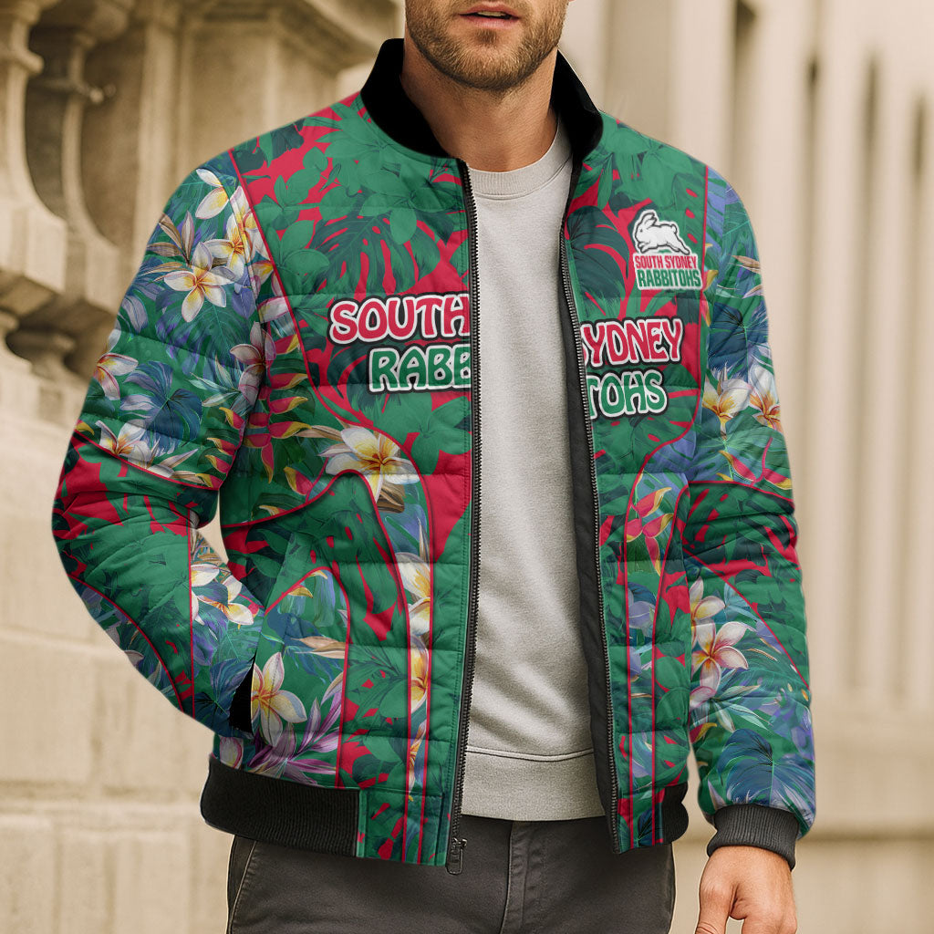 South Sydney Rabbitohs Bomber Puffer Jacket Tropical Hibiscus Floral Pattern With Green And Red Accents