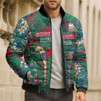 South Sydney Rabbitohs Bomber Puffer Jacket Tropical Hibiscus Floral Pattern With Green And Red Accents