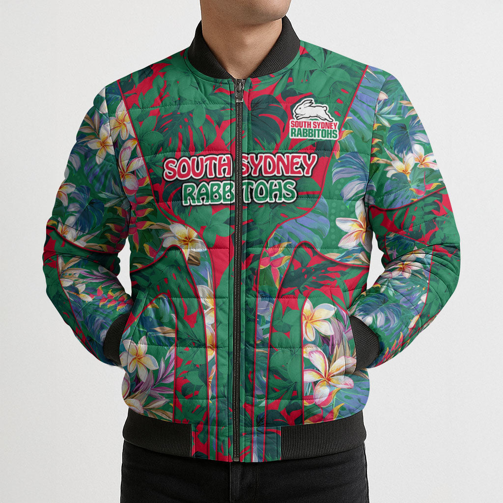 South Sydney Rabbitohs Bomber Puffer Jacket Tropical Hibiscus Floral Pattern With Green And Red Accents
