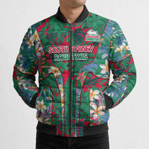 South Sydney Rabbitohs Bomber Puffer Jacket Tropical Hibiscus Floral Pattern With Green And Red Accents
