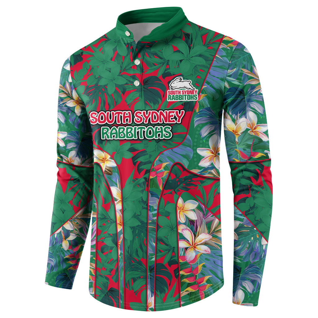 South Sydney Rabbitohs Button Sweatshirt Tropical Hibiscus Floral Pattern With Green And Red Accents