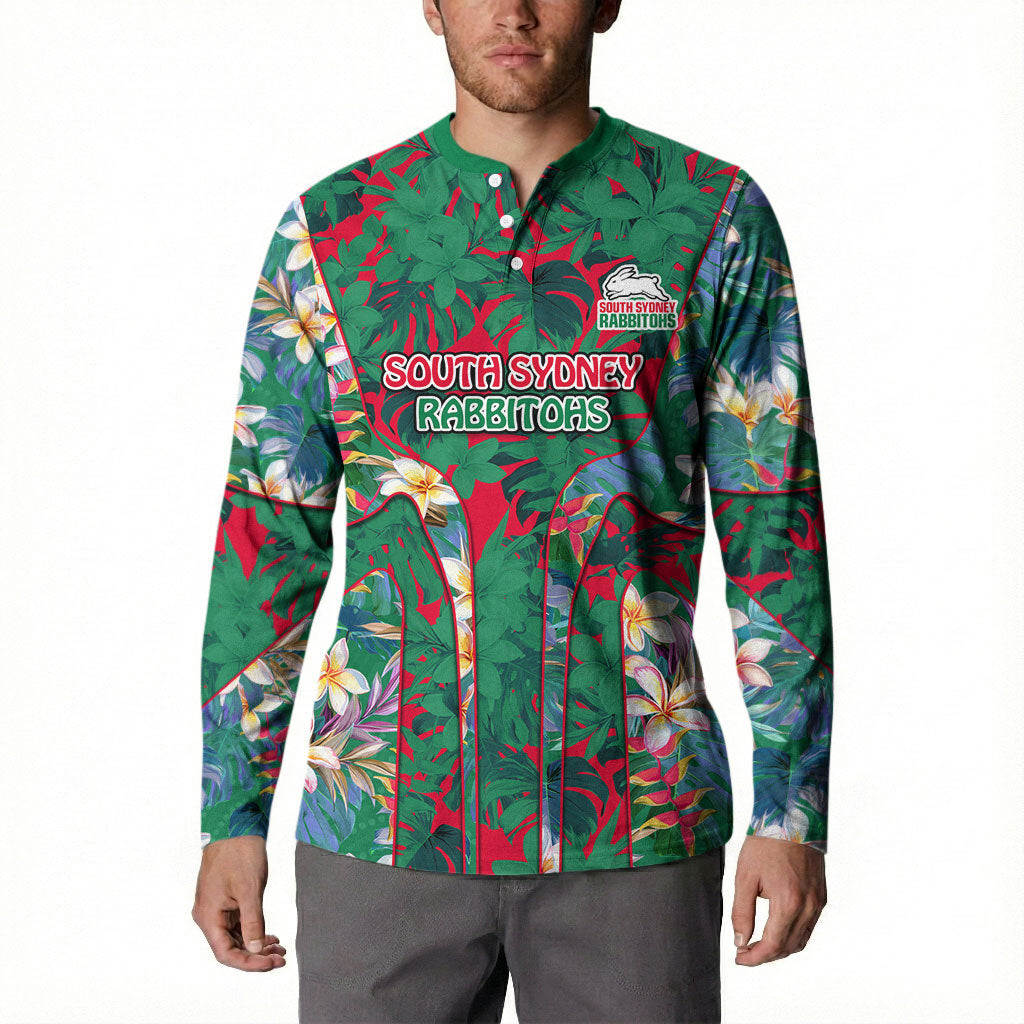 South Sydney Rabbitohs Button Sweatshirt Tropical Hibiscus Floral Pattern With Green And Red Accents