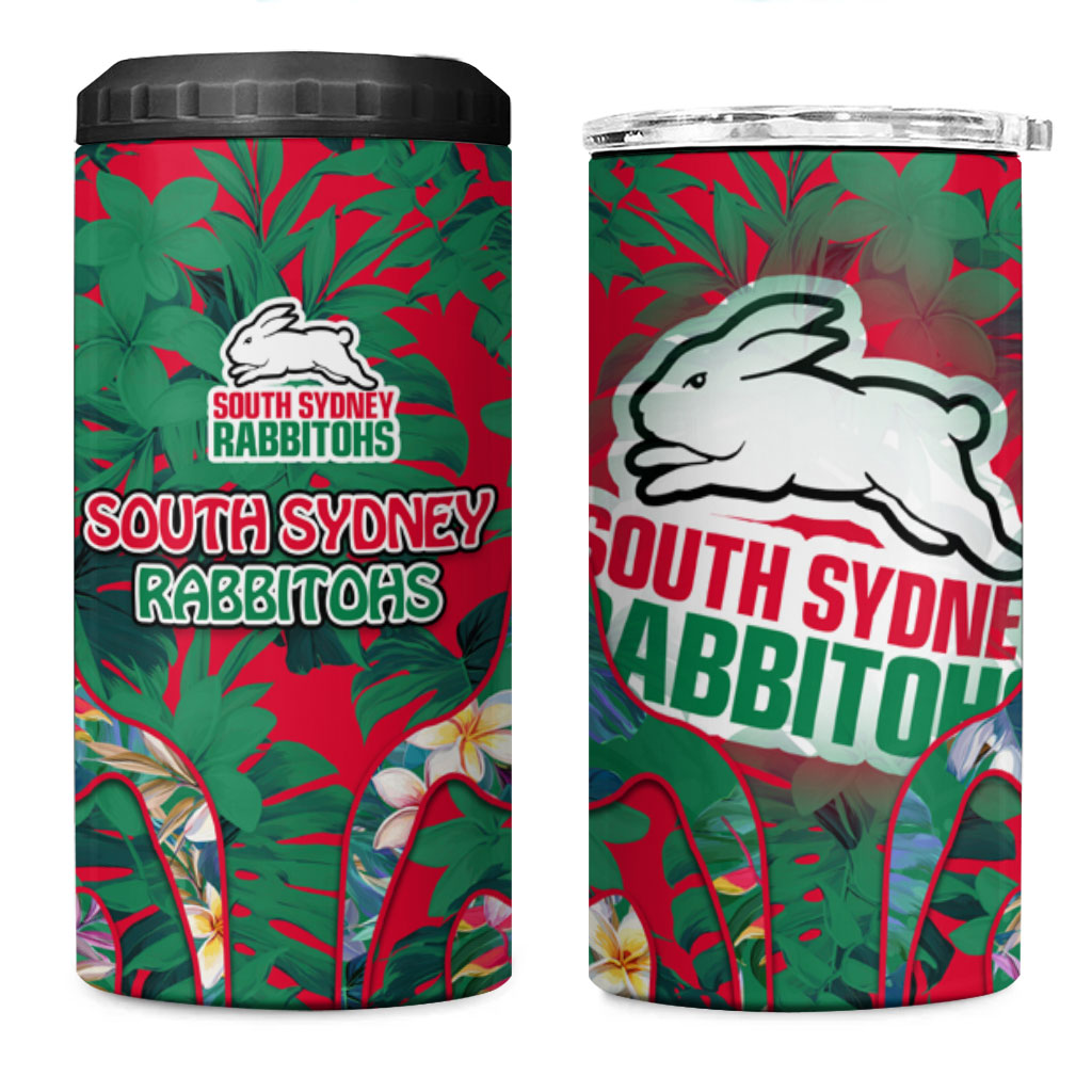 South Sydney Rabbitohs 4 in 1 Can Cooler Tumbler Tropical Hibiscus Floral Pattern With Green And Red Accents