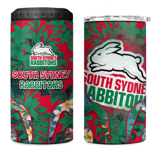 South Sydney Rabbitohs 4 in 1 Can Cooler Tumbler Tropical Hibiscus Floral Pattern With Green And Red Accents
