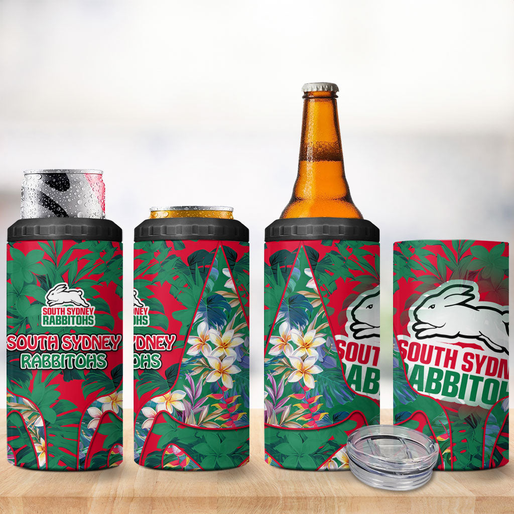 South Sydney Rabbitohs 4 in 1 Can Cooler Tumbler Tropical Hibiscus Floral Pattern With Green And Red Accents