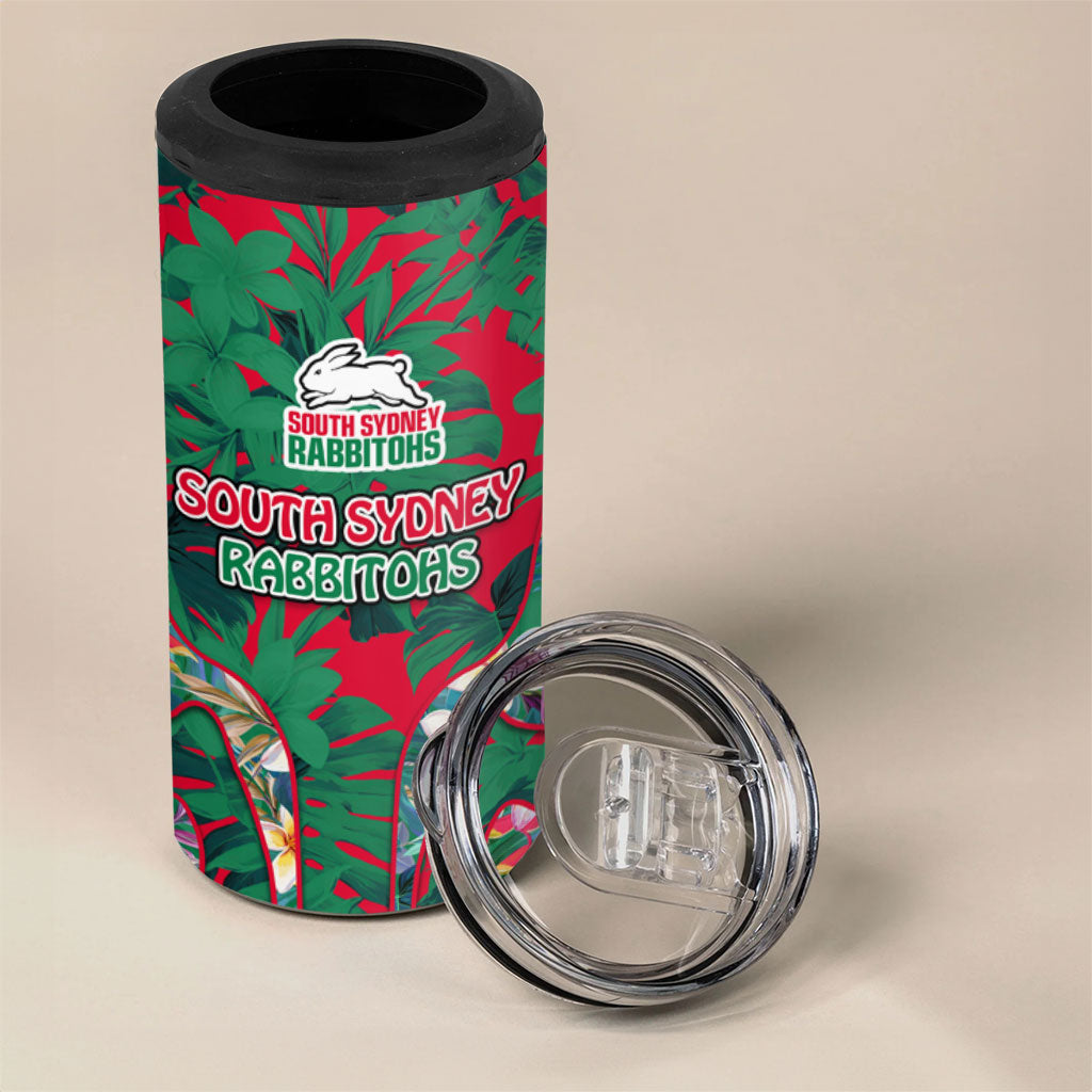 South Sydney Rabbitohs 4 in 1 Can Cooler Tumbler Tropical Hibiscus Floral Pattern With Green And Red Accents