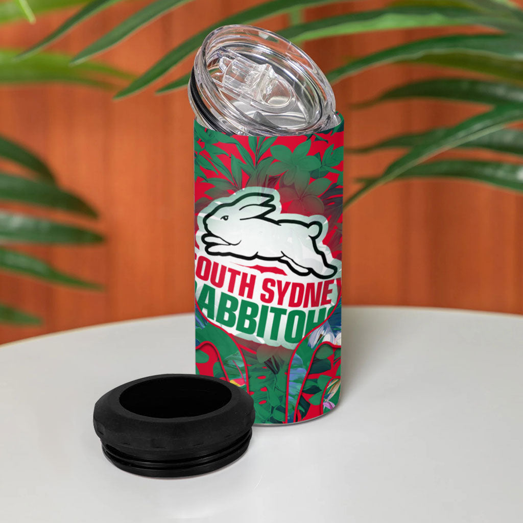 South Sydney Rabbitohs 4 in 1 Can Cooler Tumbler Tropical Hibiscus Floral Pattern With Green And Red Accents