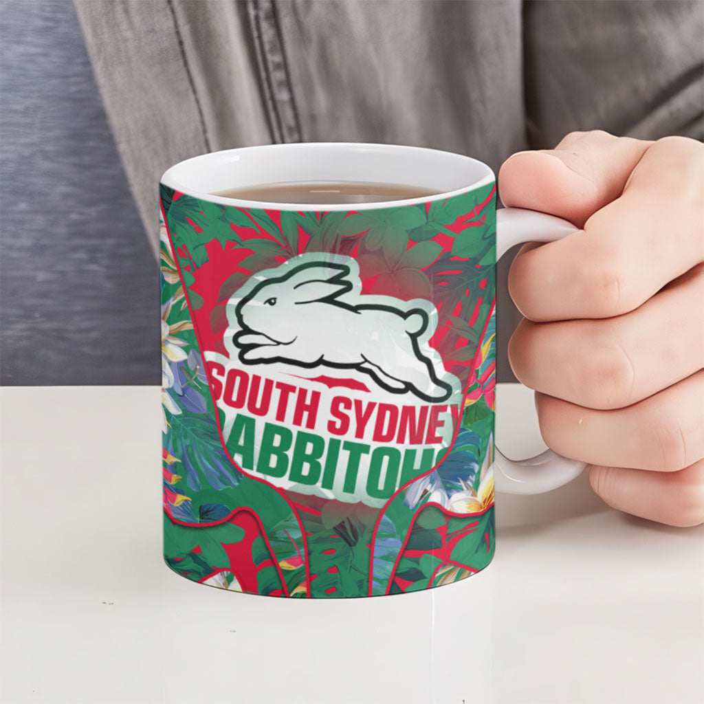 South Sydney Rabbitohs Ceramic Mug Tropical Hibiscus Floral Pattern With Green And Red Accents