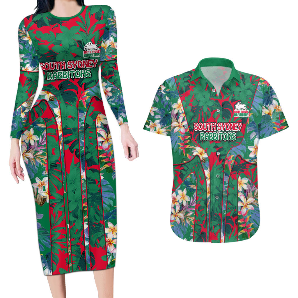 South Sydney Rabbitohs Couples Matching Long Sleeve Bodycon Dress and Hawaiian Shirt Tropical Hibiscus Floral Pattern With Green And Red Accents