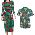 South Sydney Rabbitohs Couples Matching Long Sleeve Bodycon Dress and Hawaiian Shirt Tropical Hibiscus Floral Pattern With Green And Red Accents