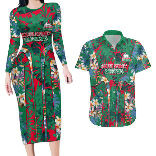 South Sydney Rabbitohs Couples Matching Long Sleeve Bodycon Dress and Hawaiian Shirt Tropical Hibiscus Floral Pattern With Green And Red Accents