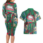 South Sydney Rabbitohs Couples Matching Long Sleeve Bodycon Dress and Hawaiian Shirt Tropical Hibiscus Floral Pattern With Green And Red Accents