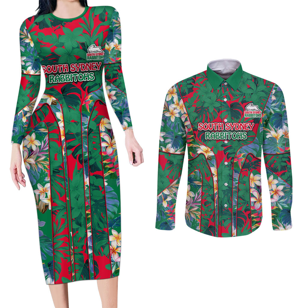 South Sydney Rabbitohs Couples Matching Long Sleeve Bodycon Dress and Long Sleeve Button Shirt Tropical Hibiscus Floral Pattern With Green And Red Accents