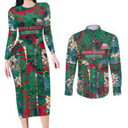 South Sydney Rabbitohs Couples Matching Long Sleeve Bodycon Dress and Long Sleeve Button Shirt Tropical Hibiscus Floral Pattern With Green And Red Accents