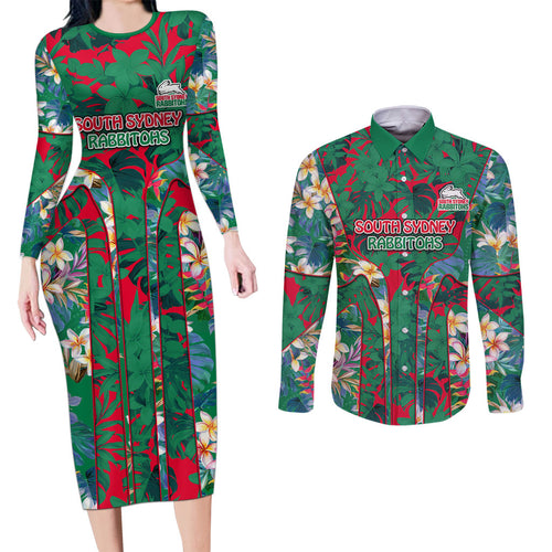South Sydney Rabbitohs Couples Matching Long Sleeve Bodycon Dress and Long Sleeve Button Shirt Tropical Hibiscus Floral Pattern With Green And Red Accents