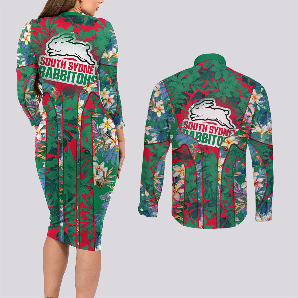 South Sydney Rabbitohs Couples Matching Long Sleeve Bodycon Dress and Long Sleeve Button Shirt Tropical Hibiscus Floral Pattern With Green And Red Accents